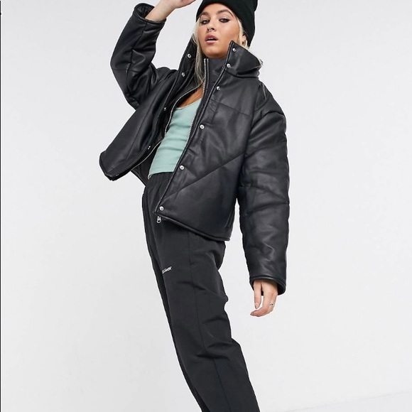 COLLUSION Double Layered Vegan Leather Puffer Jacket in Black Size US 4 - Picture 3 of 4